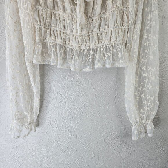 Sheer Off Shoulder Blouse M White Smocked Bell Sleeve Coquette Fairy Boho Top - Picture 5 of 11